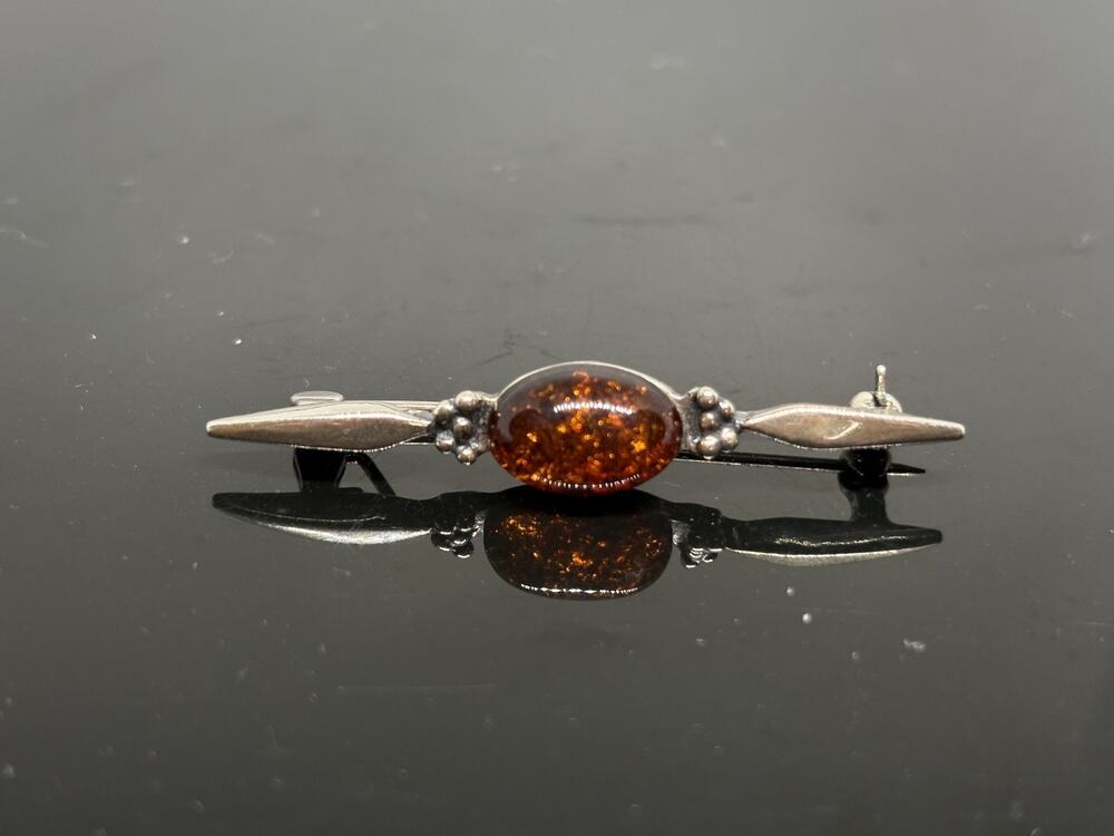 Vintage Sterling Silver 925 Oval Baltic Amber Floral Bar Pin Brooch Pin 2”